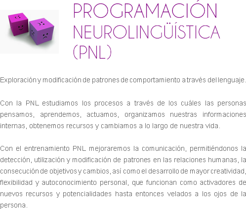 ﷯PROGRAMACIÓN NEUROLINGÜÍSTICA (PNL) Exploración y modificación de patrones de comportamiento a través del lenguaje. Con la PNL estudiamos los procesos a través de los cuáles las personas pensamos, aprendemos, actuamos, organizamos nuestras informaciones internas, obtenemos recursos y cambiamos a lo largo de nuestra vida. Con el entrenamiento PNL mejoraremos la comunicación, permitiéndonos la detección, utilización y modificación de patrones en las relaciones humanas, la consecución de objetivos y cambios, así como el desarrollo de mayor creatividad, flexibilidad y autoconocimiento personal, que funcionan como activadores de nuevos recursos y potencialidades hasta entonces velados a los ojos de la persona.